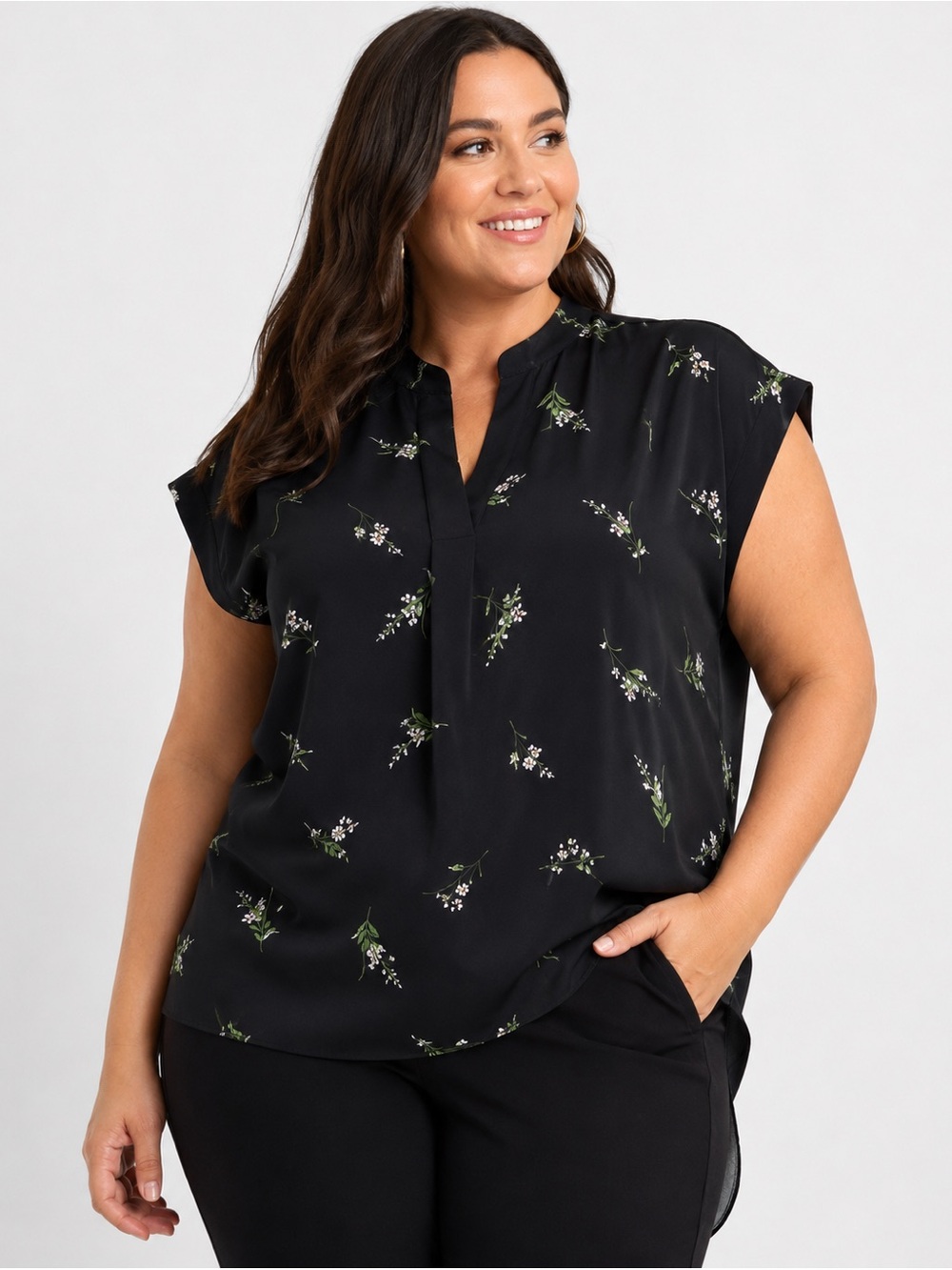Eloquii Navy Floral Blouse Size 16 Green White Print Split Neck Tunic Top